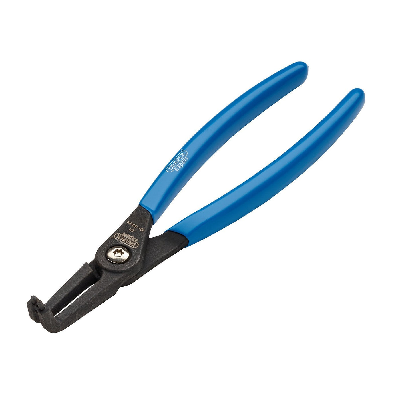 Close-up image of a pair of Draper Expert 90° Internal Circlip Pliers, J31, 215mm - 50/INT/90 with blue, non-slip handles and precision tips, placed against a plain white background.