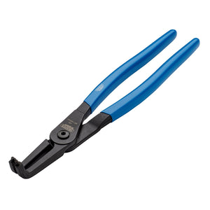 A pair of Draper Expert 90° Internal Circlip Pliers, model J41, 305mm - 50/INT/90, with blue non-slip handles designed for gripping and adjusting various objects. The high carbon steel jaws are slightly open, showcasing precision tips, and the pliers are positioned diagonally against a white background.