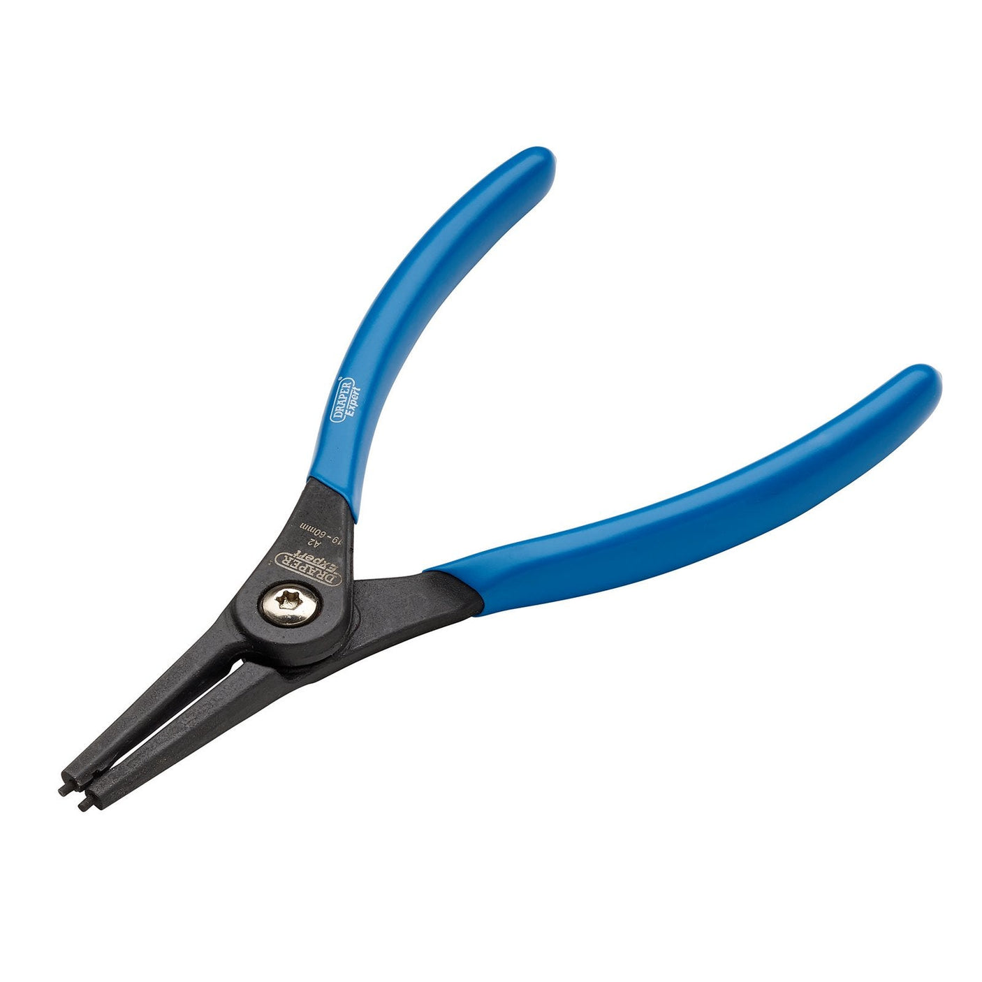 The Draper Expert Straight Tip External Circlip Pliers, model A2, 180mm - 51/EXT, features blue handles with black jaws and non-slip grips. These pliers are crafted from high carbon steel and are designed for installing and removing snap rings in mechanical applications.