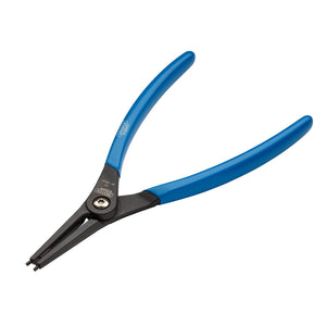 The Draper Expert Straight Tip External Circlip Pliers, A3, 225mm - 51/EXT feature blue handles and precision tips crafted from high carbon steel, designed specifically for installing or removing retaining rings.