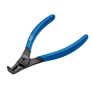 The Draper Expert 90° External Circlip Pliers, A11, 130mm - 51/EXT/90, features a close-up view of its black and blue design. This tool is crafted from high carbon steel and includes precision tips along with blue non-slip rubber-coated handles.