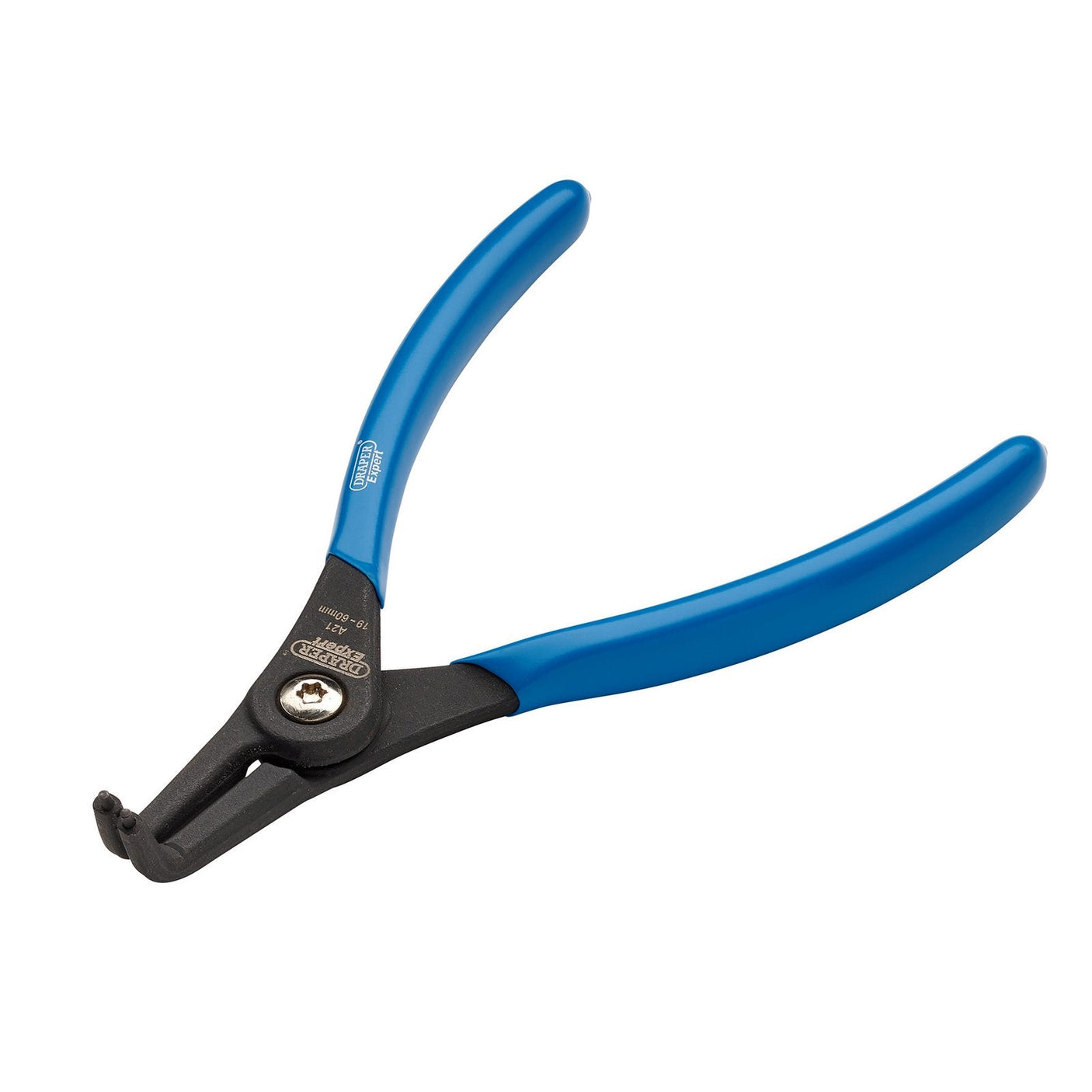 The Draper Expert 90° External Circlip Pliers, A21, 170mm - 51/EXT/90, featuring a black metal body and blue non-slip handles, is shown on a white background.