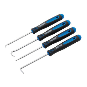 The Draper Mini Hook And Pick Set, MPH SETA, consists of four tools, each measuring 165mm. These tools are crafted from durable chrome vanadium steel and feature soft grip handles with black and blue accents. The set includes a straight tip, an angled tip, a curved tip, and a hook tip arranged in a row.