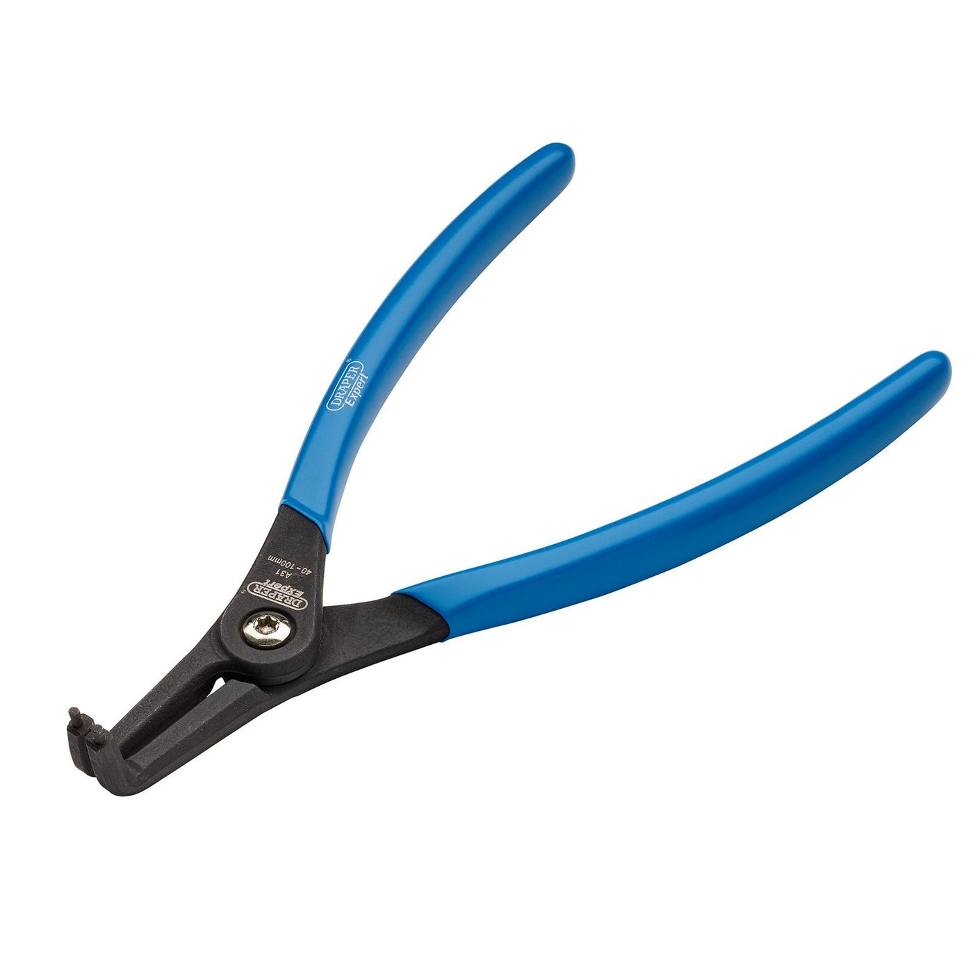 A pair of Draper Expert 90° External Circlip Pliers, A31, 215mm with blue handles, precision tips, and a durable black high carbon steel body.