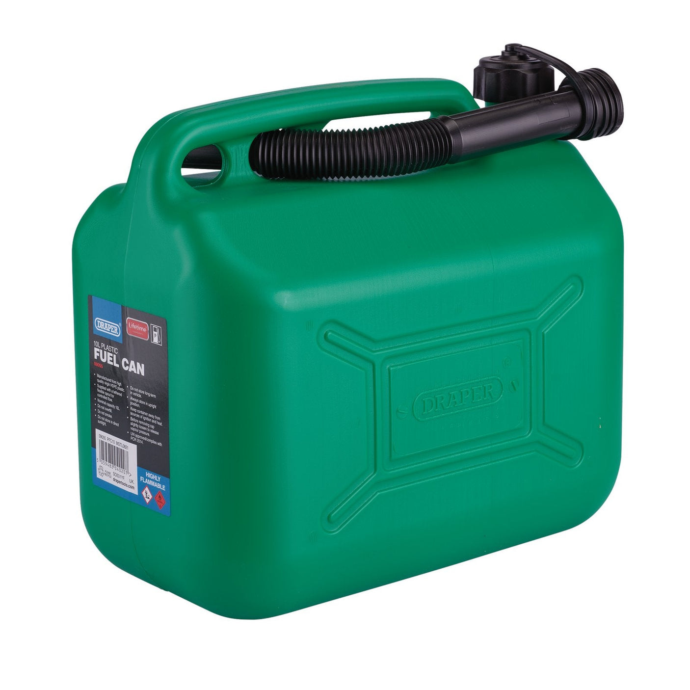 The Draper Plastic Fuel Can, 10L, Green - PFC10, features a handle and an attached flexible black spout.