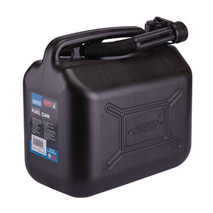 A black 10-liter Draper plastic fuel can (PFC10), made from high-quality HDPE plastic, features a handle and a flexible spout. The label on the side indicates it is suitable for flammable liquids.