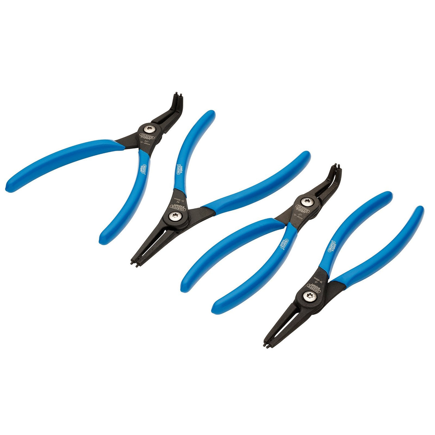 A set of four Draper Expert Internal And External Circlip Pliers (CCP/4) with blue non-slip handles, high carbon steel construction, and black metal jaws, arranged in a row.