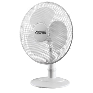 The Draper 230V Desk Fan, 16"/400mm, 45W - FAN16 features three blades enclosed in a protective mesh on a round base, offering effective cooling with three speed settings.