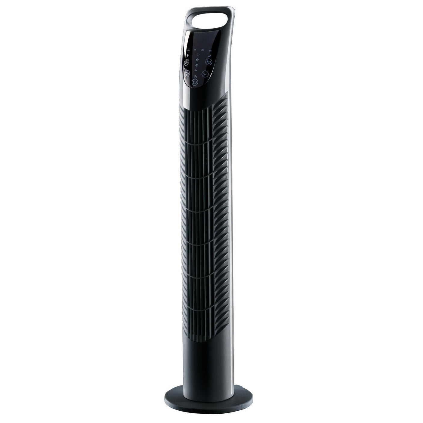 The Draper 230V Tower Fan, FAN17, is a tall black fan standing at 775mm with three speeds. It features a digital control panel and built-in timer at the top, along with a handle for easy carrying. The fan also has a rounded base for added stability and operates at 40W.