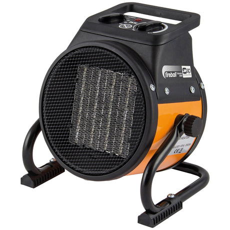 The SIP FIREBALL Turbofan 2000 Electric Fan Heater (model IP-09128) by SIP features a black and orange casing, a metal mesh front, a handle on top, and control knobs, making it ideal for heating small workshops.