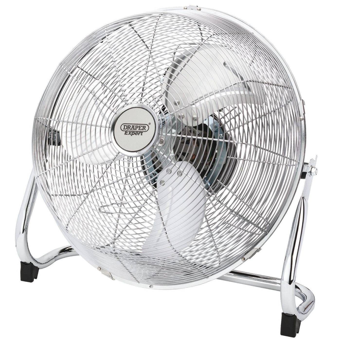 The Draper 230V Oscillating Industrial Fan, 16"/400mm, 60W - HV16 features a silver metal design with three blades and a protective front grille for expert quality air circulation. The fan proudly displays the Draper logo on the front and stands securely on four small black feet, making it perfect for industrial environments.