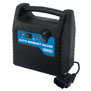 A Draper Auto Memory Saver - AMS-100 device, colored black and blue, with a handle and attached cable. It features USB and DC ports, an OBD connector, indicators, and controls labeled "On," "Off," "Charge," along with a power button.