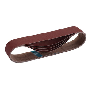 A pack of five Draper Cloth Sanding Belts, each measuring 50 x 686mm and featuring a 120 grit textured aluminium oxide abrasive surface, arranged in an interconnected loop.