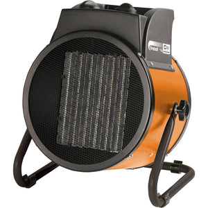 The SIP FIREBALL Turbofan 5000 Electric Fan Heater, model IP-09220 by SIP, is an industrial cylindrical orange portable heater with a metal grille front and a black stand, incorporating a Positive Temperature Coefficient (PTC) element for efficient heating.