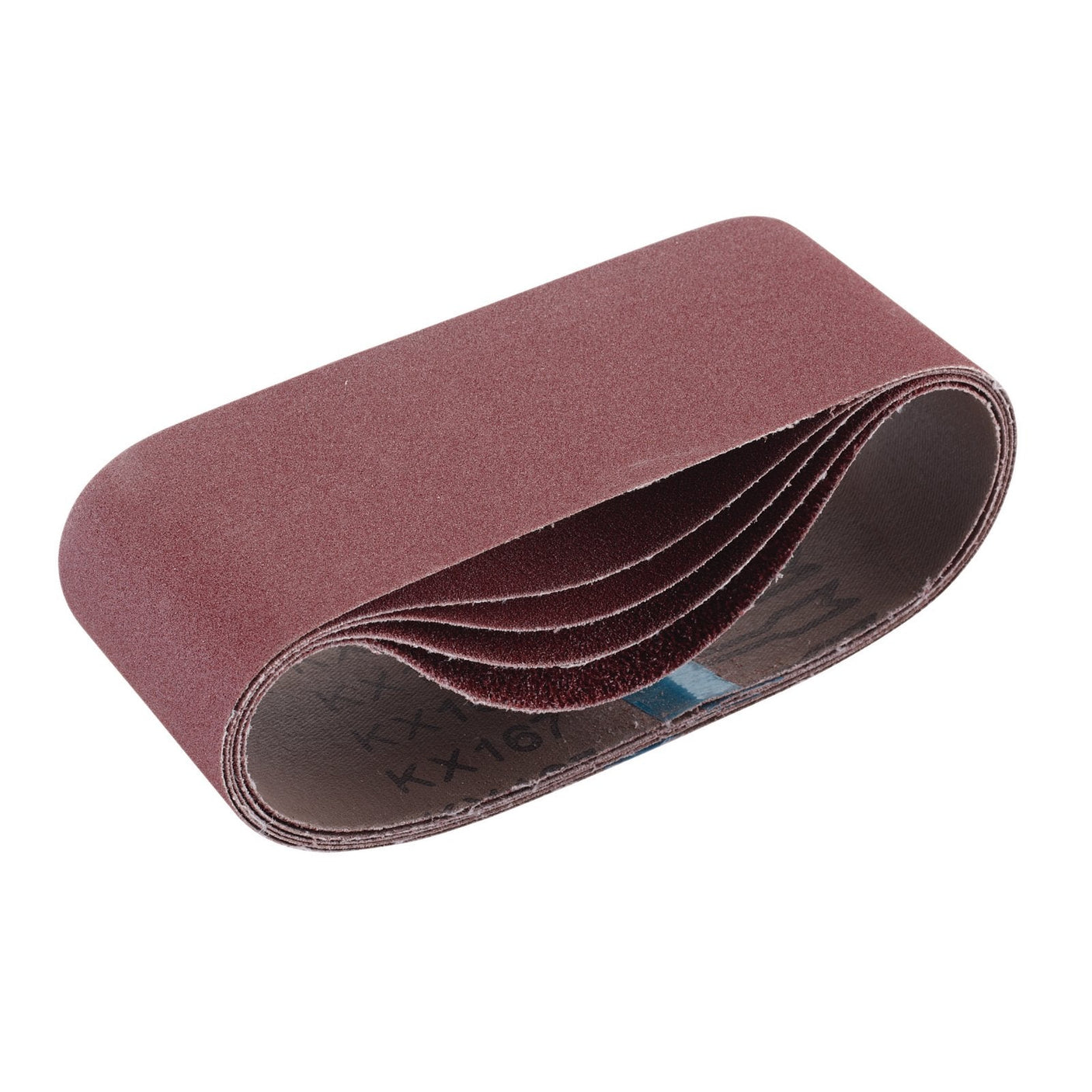 The Draper Cloth Sanding Belt, 75 X 457mm, Assorted Grit (Pack Of 5) - SB75457 features a coiled loop design with a textured abrasive surface made of aluminium oxide, making it ideal for wood finishing.