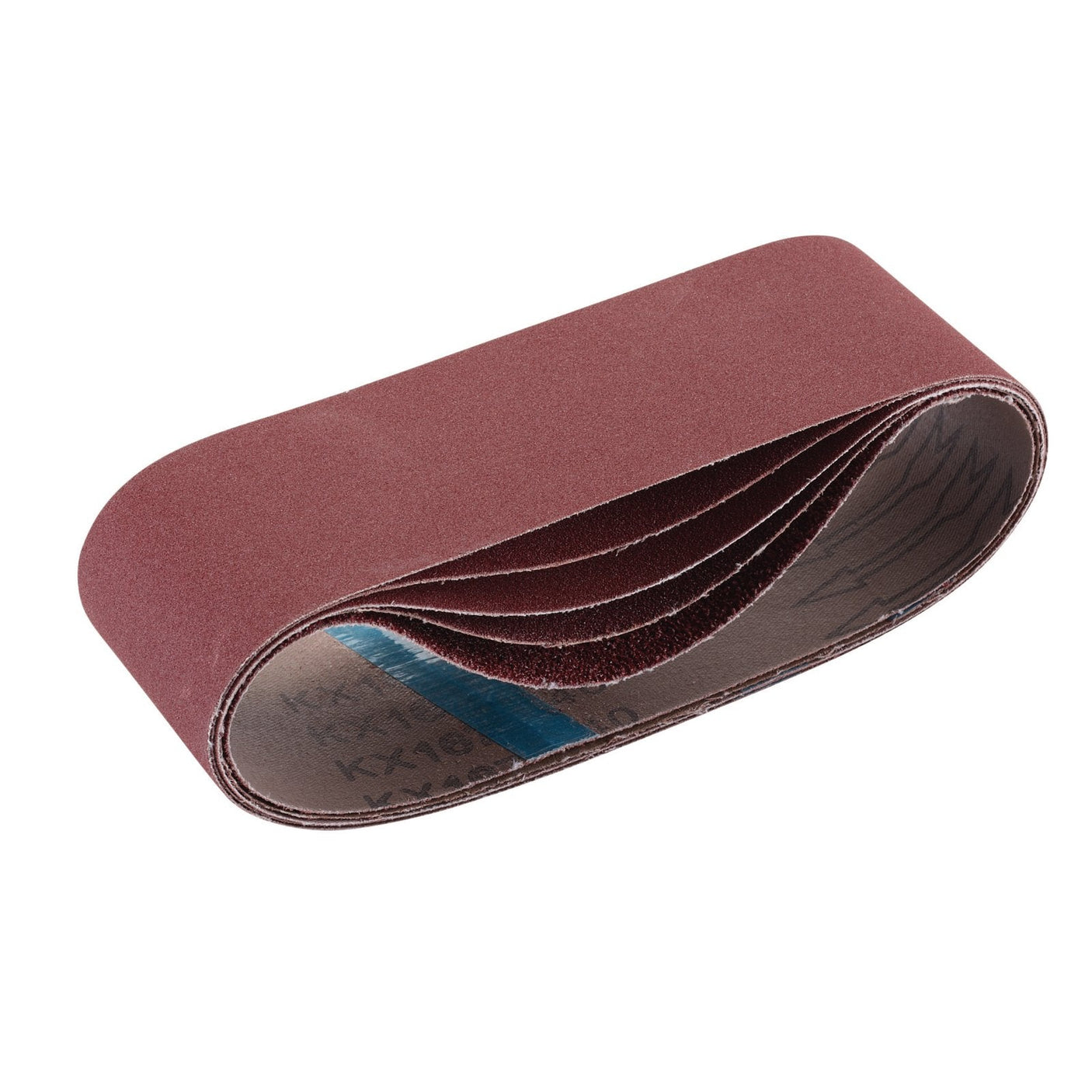 The Draper Cloth Sanding Belt, measuring 75 X 533mm and available in an assorted grit pack of 5 (SB75533), features a durable aluminium oxide grit surface with a polycotton cloth backing and comes in a maroon color.