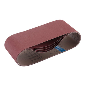 The Draper Cloth Sanding Belt, 100 x 610mm, rolled into an oval shape, showcases a textured abrasive surface on the outside. Made with high-quality aluminium oxide and measuring 100 x 610mm, the inside reveals printed material specifications.