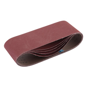 The Draper Cloth Sanding Belt, 100 x 610mm, Assorted Grit (Pack of 5) - SB100610 features a coiled aluminium oxide construction with a reddish-brown surface and black markings indicating the grit size on the inner side.