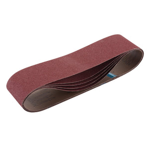 The Draper Cloth Sanding Belt, 100 x 915mm, 80 Grit (Pack of 5) - SB100915, is a coiled abrasive belt made from reddish-brown sandpaper with aluminum oxide. It is typically used for surface finishing and material removal in woodworking and metalworking.