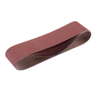 A Draper Cloth Sanding Belt, sized 100 x 915mm with 120 grit and made from durable reddish-brown aluminium oxide, comes looped and ready for use, displayed against a white background.