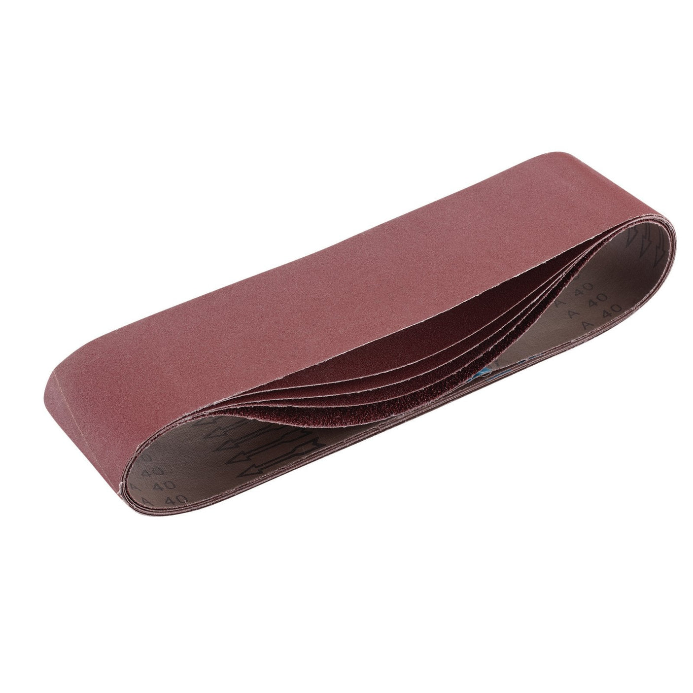 The Draper Cloth Sanding Belt, 100 x 915mm (SB100915), seen from an angled side profile in a coiled, maroon-colored appearance, is designed for abrasive sanding tasks. This high-performance sanding belt features aluminium oxide for enhanced durability and efficiency and comes in a pack of five assorted grits.