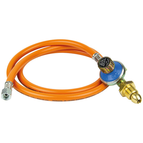 An orange gas hose with metal fittings on both ends, connected to a gas regulator equipped with a pressure gauge, is ideal for use with the SIP FIREBALL 1071DV Propane Space Heater (IP-09274).