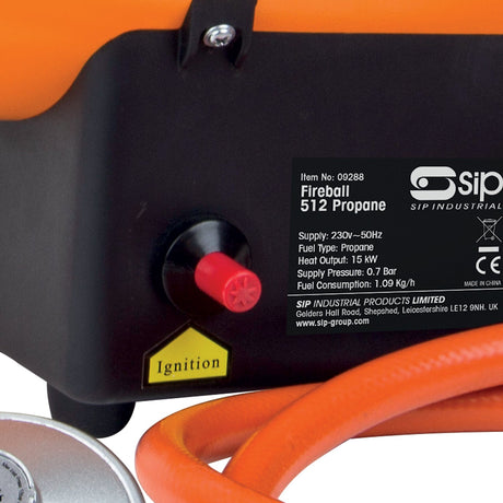 Close-up of an SIP Fireball 512 Portable Propane Space Heater (model IP-09288) featuring a red ignition button and an attached orange fuel hose, ideal for heating workshops and garage spaces. The label clearly displays item information and specifications.