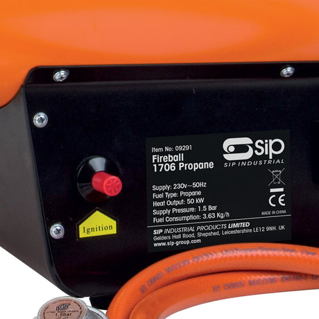 Close-up of the control panel of a SIP FIREBALL 1706 Propane Space Heater (IP-09291), showcasing durable components like the ignition button, model details, and supply information. An orange hose is visible at the bottom.