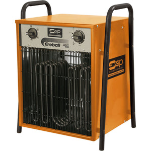 The SIP FIREBALL Turbofan 15000 Electric Fan Heater (IP-09298) by SIP features an orange design with a front black grille, two control dials, and sturdy handles on either side, making it ideal for medium-sized trade environments. This portable heater is efficient and easy to transport.