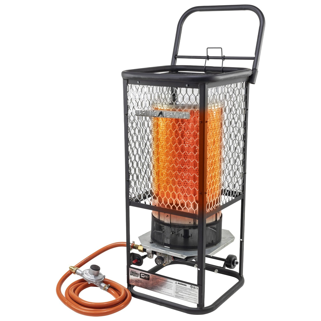 The SIP FIREBALL RP125 Radiant Propane Heater | IP-09316 by SIP features a metal mesh guard and is ideal for garage spaces. It is connected to a gas hose and valve, actively emitting infrared heat with a bright orange glow inside the mesh.