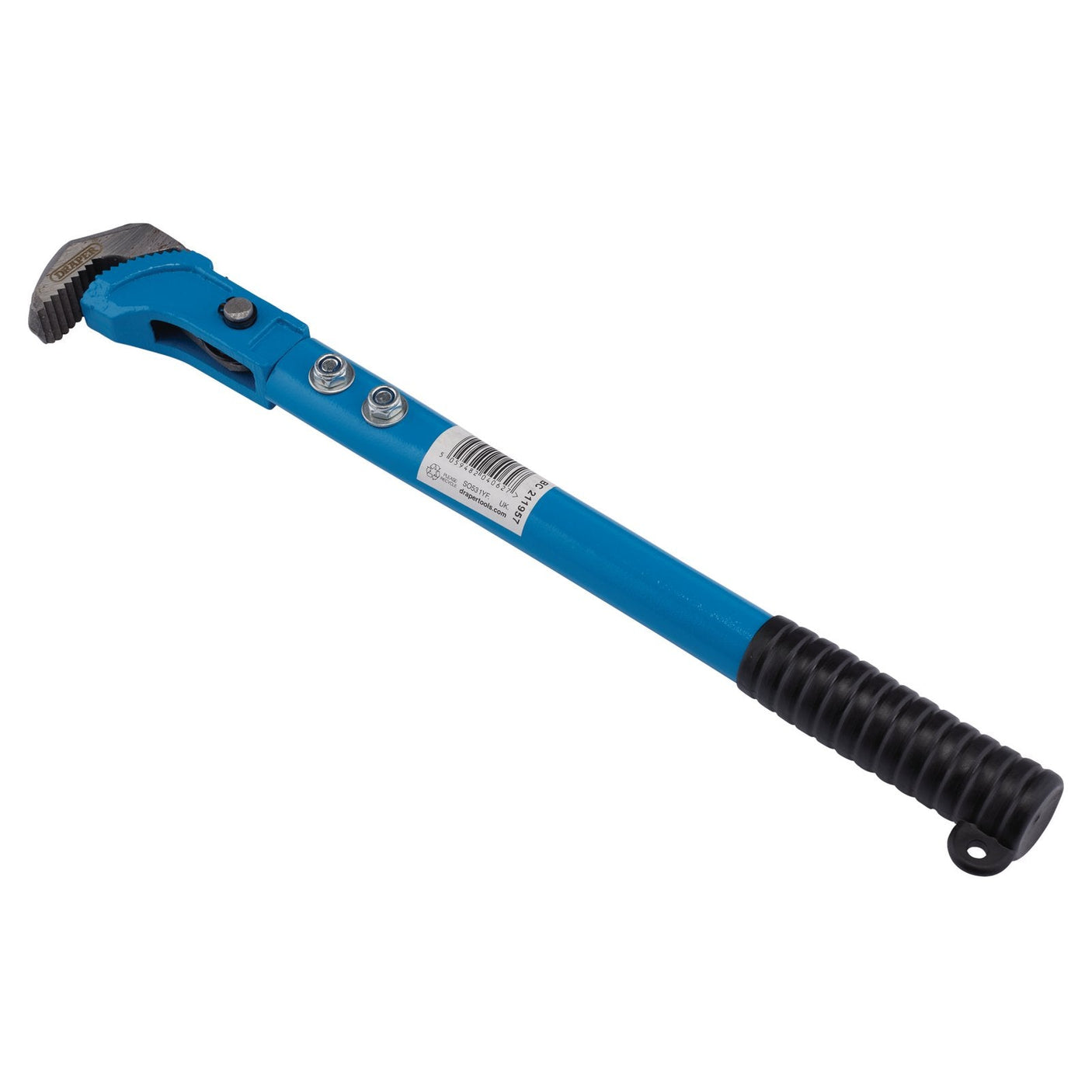 The Draper Track Rod Adjusting Wrench (TRW-100) features a blue handle with a silver adjustable jaw and a black grip at one end. Made of durable carbon steel, this 450mm wrench is perfect for vehicle track rods and includes a barcode sticker attached to the handle.