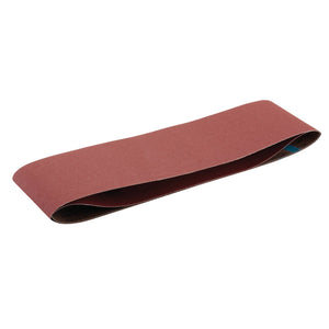 The Draper Cloth Sanding Belt, 150 x 1220mm, 120 Grit (Pack of 2) - SB1501220, is a looped, reddish-brown sandpaper belt made from flexible and durable aluminium oxide, ideal for sanding and smoothing surfaces.