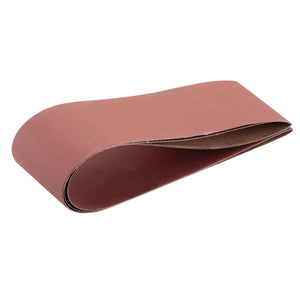 A looped piece of Draper Cloth Sanding Belt, 152 x 2010mm, 180 Grit (Pack of 2) - SB1522010, reinforced with durable backing and aluminium oxide, typically used for sanding surfaces in belt sanders.