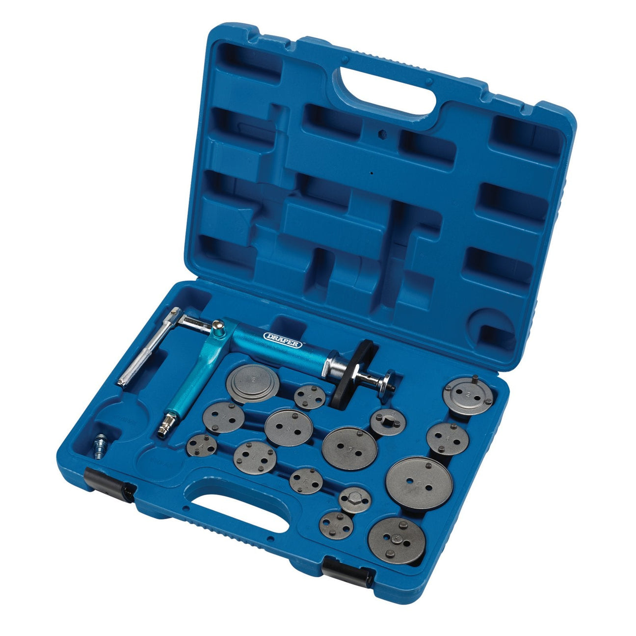 A blue plastic case containing various metal tools and components, including circular discs and a handle, specifically designed for disc brake servicing with the Draper Pneumatic Brake Caliper Wind-Back Tool Kit (16 Piece) - PWBK-16 by Draper.