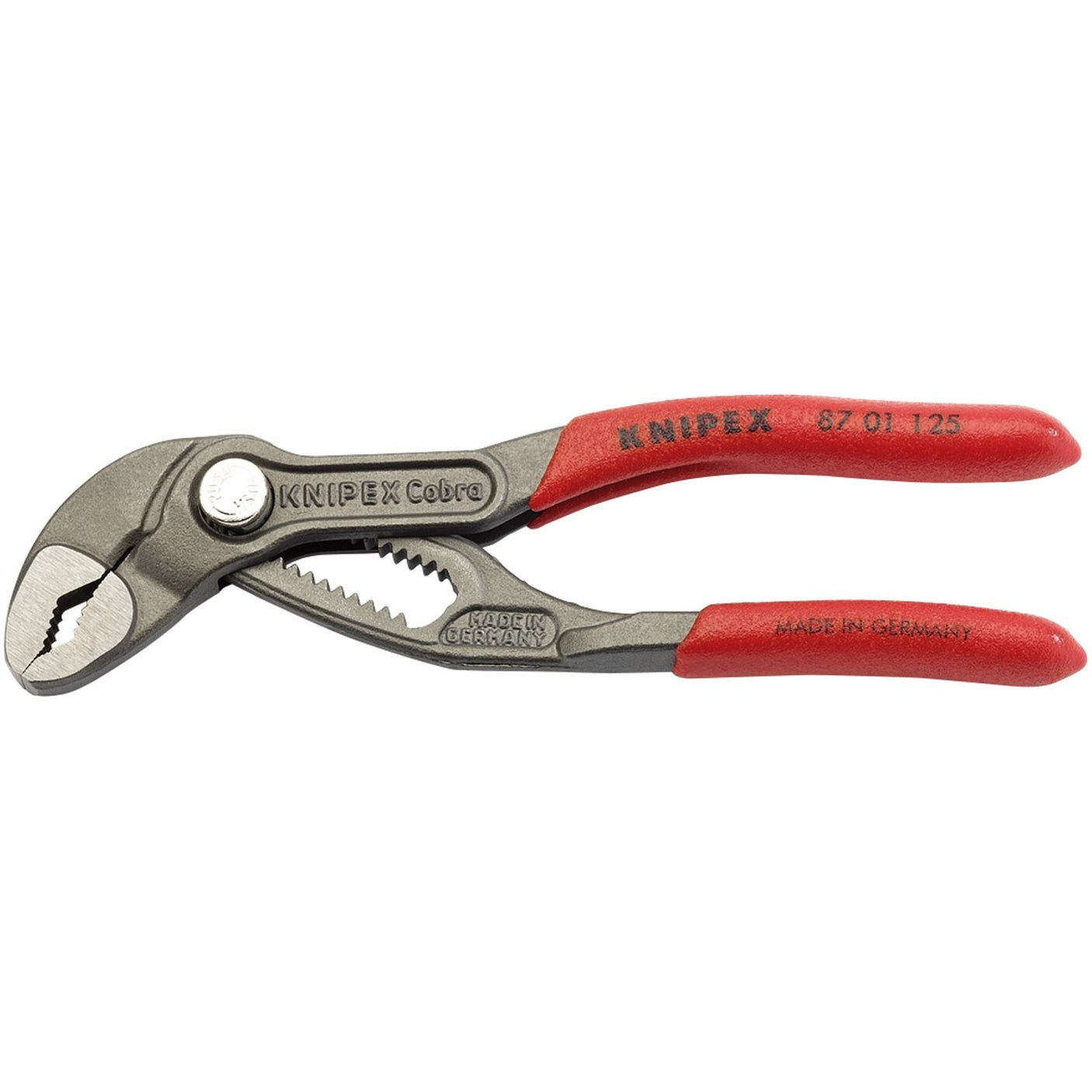 Draper Knipex Cobra® Waterpump Pliers, 125mm - 87 01 125 SB, featuring red handles with a safety stop and branded "Draper" and "Made in Germany.