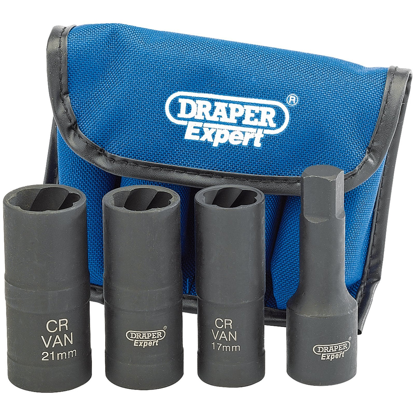 The Draper Wheel Nut Double Impact Socket Kit, 1/2" Sq. Dr. (4 Piece) - LWN/DS4, is displayed in front of a blue Draper Expert carrying pouch and includes four black impact sockets and one adapter. The sockets, labeled with sizes 17mm and 21mm, are perfect for garages and emergency services when working with locking wheel nuts.