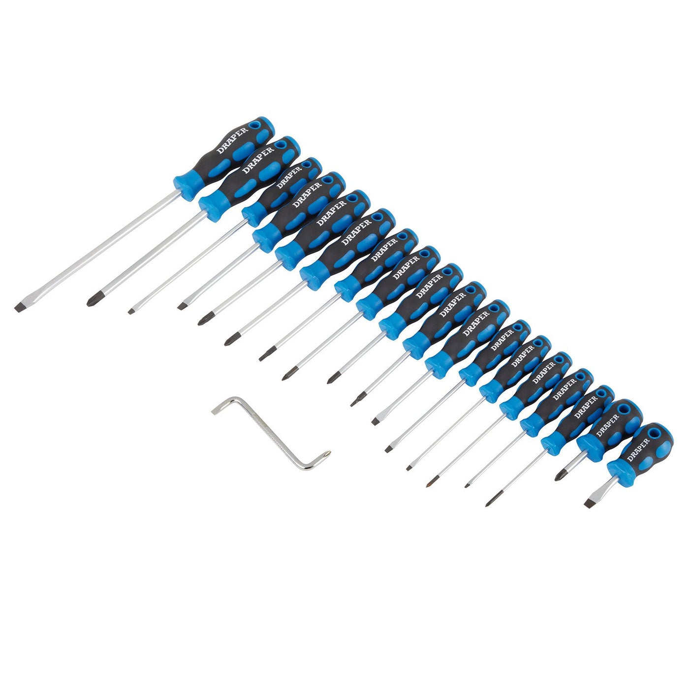 A set of nineteen Draper soft grip screwdrivers with blue and black handles, including sixteen PZ TYPE screwdrivers and one L-shaped hex key, arranged in a diagonal line.