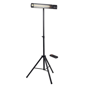 The SIP Universal Halogen Heater with Control & Stand (model IP-09586P) by SIP is supported by a tall black tripod stand, showcasing a mounted rectangular heater equipped with a HeLeN-coated halogen bulb. Beside it, there is a convenient remote control for easy operation.