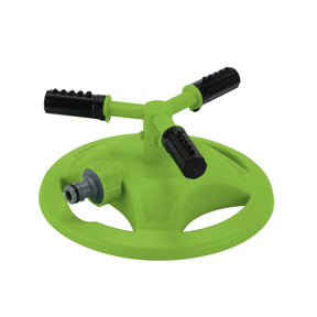 A Draper Adjustable Revolving 3-Arm Sprinkler - 3-ARS1, which is green and circular with three adjustable black nozzles for water distribution and garden hose connector fittings, sits on a white background.