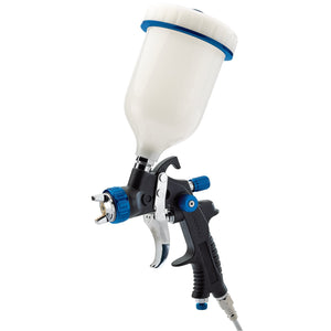 The Draper HVLP Air Spray Gun with Composite Body and Gravity Fed 600ml Hopper, model GSG5-COMP-600, features a large white paint cup attached on top, various adjustment knobs for adjustable flow, and a trigger handle.