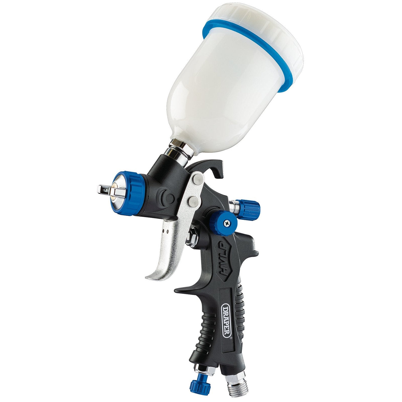 The Draper Gravity Feed HVLP Composite Body Air Spray Gun, 100ml (GSG5-COMP-100) is a lightweight handheld tool with a white paint container, blue adjustment knobs for adjustable flow, and a black handle.