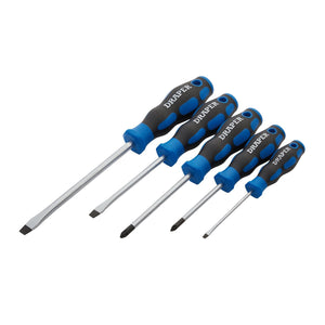 A set of five Draper screwdrivers, featuring blue and black soft grip handles and varying in size, is arranged in descending order from left to right. The brand name "Draper" is prominently displayed on the chrome vanadium steel shafts. This 5-piece set includes 3 plain slot screwdrivers and 2 Pz type screwdrivers, item number 865/5.