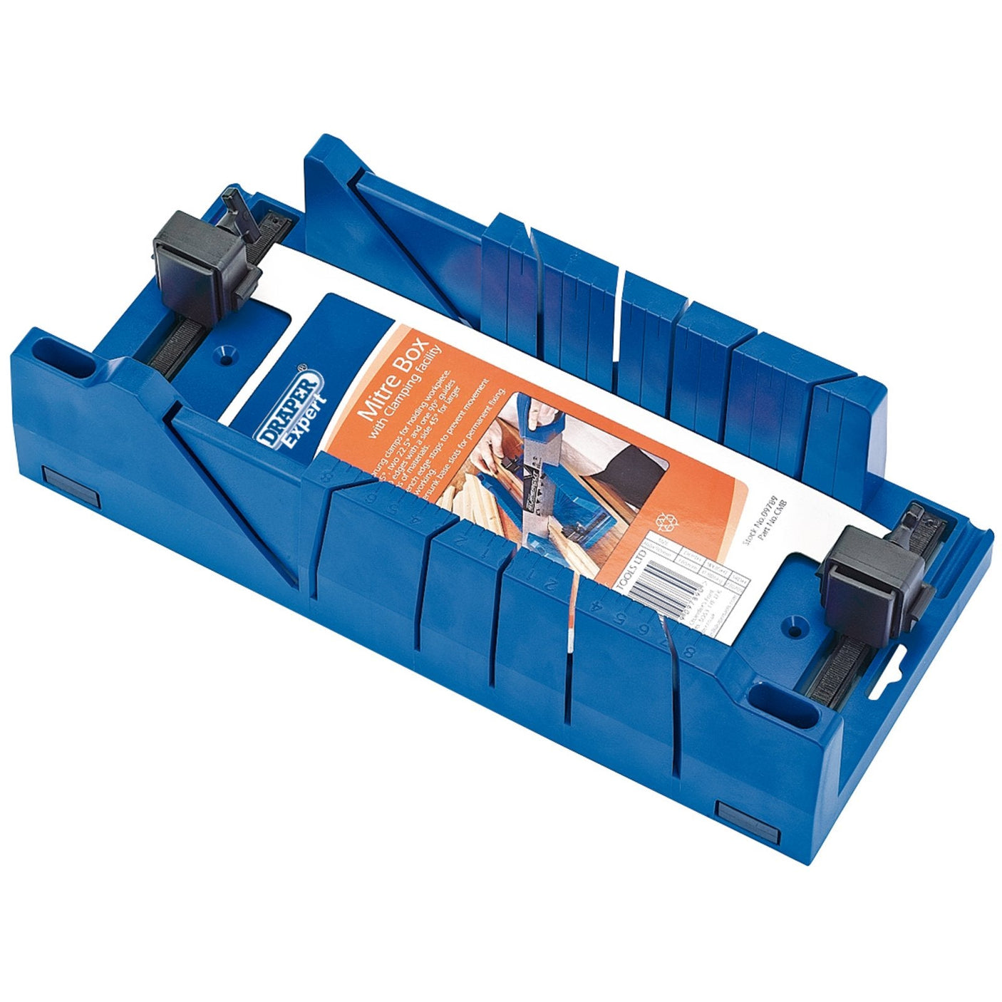 The Draper Mitre Box With Clamping Facility (model CMB), measuring 367 x 116 x 70mm, is constructed from durable high-quality blue plastic and features multiple vertical slots for precise 45°/90° cuts. It also includes a hold-down clamp for securing workpieces and an instructional label on its surface.