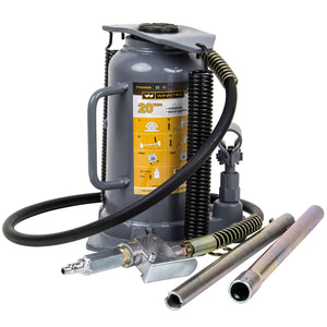 Image of the WINNTEC 20 TON Air Bottle Jack - SIP-09827 by SIP, displaying a label that confirms its lifting capacity of 20 tons. The jack comes with attached hoses and two detachable handles, making it perfect for both automotive and commercial use. It features heavy-duty components designed for reliable performance.