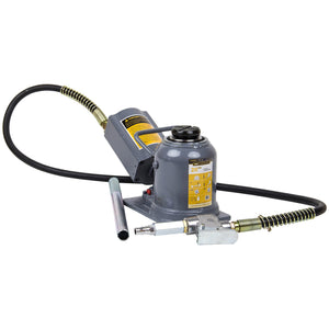 The WINNTEC 20 TON Low-Profile Air Bottle Jack - SIP-09829 by SIP boasts a heavy-duty design, complete with a connected hose and hand pump lever.