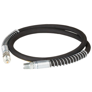 The WINNTEC Hose Assembly - SIP-09877 from SIP, a coiled black hydraulic hose featuring high-quality hosing with metal fittings and protective spring guards on each end, is ideal for use with a WINNTEC from SIP Hydraulic Air Pump.