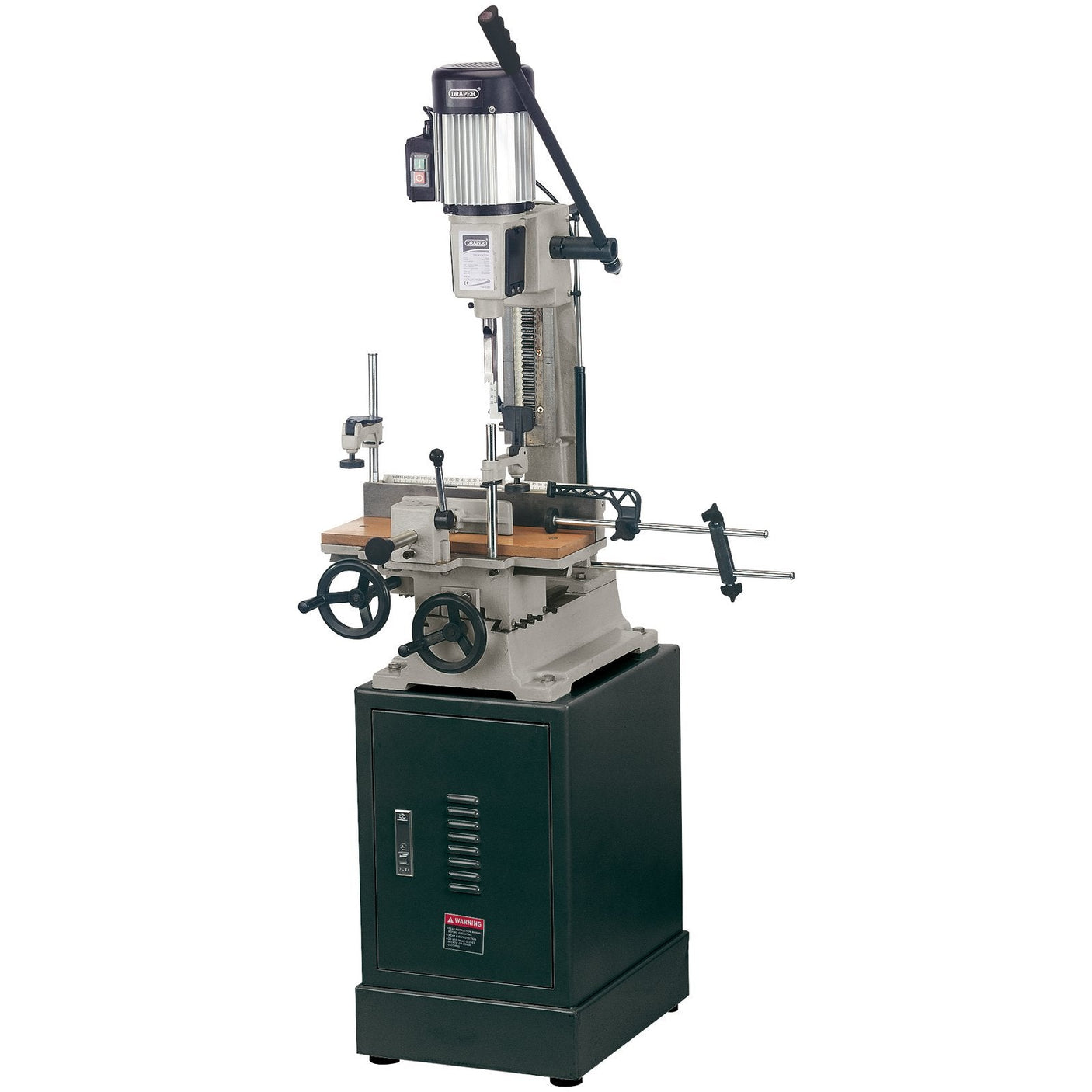 The Draper Morticer And Stand, 1", 750W - BM25/AABM25 features a vertical drilling mechanism on top, adjustable work clamps, and clamping handles, all standing on a built-in storage cabinet.