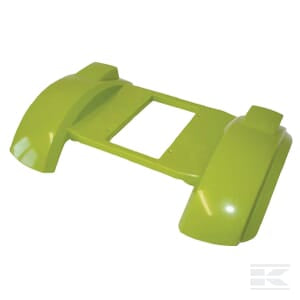 The Claas green protection shield, part number 09900005837 by Rolly Toys, is a green plastic fender assembly featuring two rounded wheel covers and a rectangular central opening, frequently found in Claas Toy models.