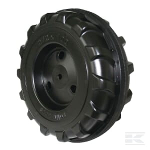 The Rolly Toys 272 x 100 front wheel (part number: 09900400080) is a black heavy-duty industrial rubber wheel with a solid structure and tread pattern. It features a central mounting hub with multiple holes for attachment. The outside diameter and width ensure optimal support. For easy identification, refer to the engraved part number on the side.