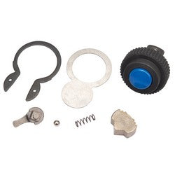 Assorted small mechanical parts from the Draper Ratchet Repair Kit For 02595 And 43668 - YH68C, including a black knob with a blue center, metal rings, a spring, a ball bearing, and other components laid out on a white background.